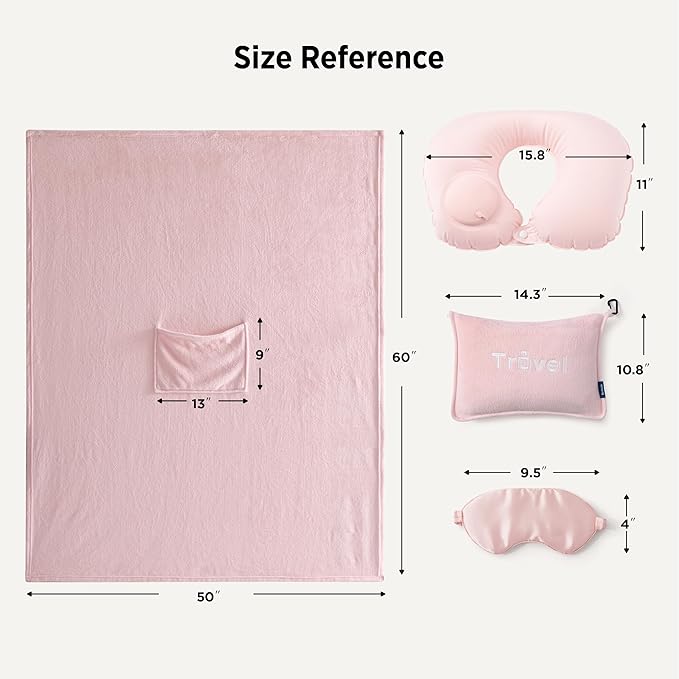 Bedsure Travel Blanket and Pillow Set with Inflatable Neck Pillows, Eye Mask and Storage Bag, Lightweight 3-in-1 Airplane Packable Blanket, Compact Travel Essentials, Pink