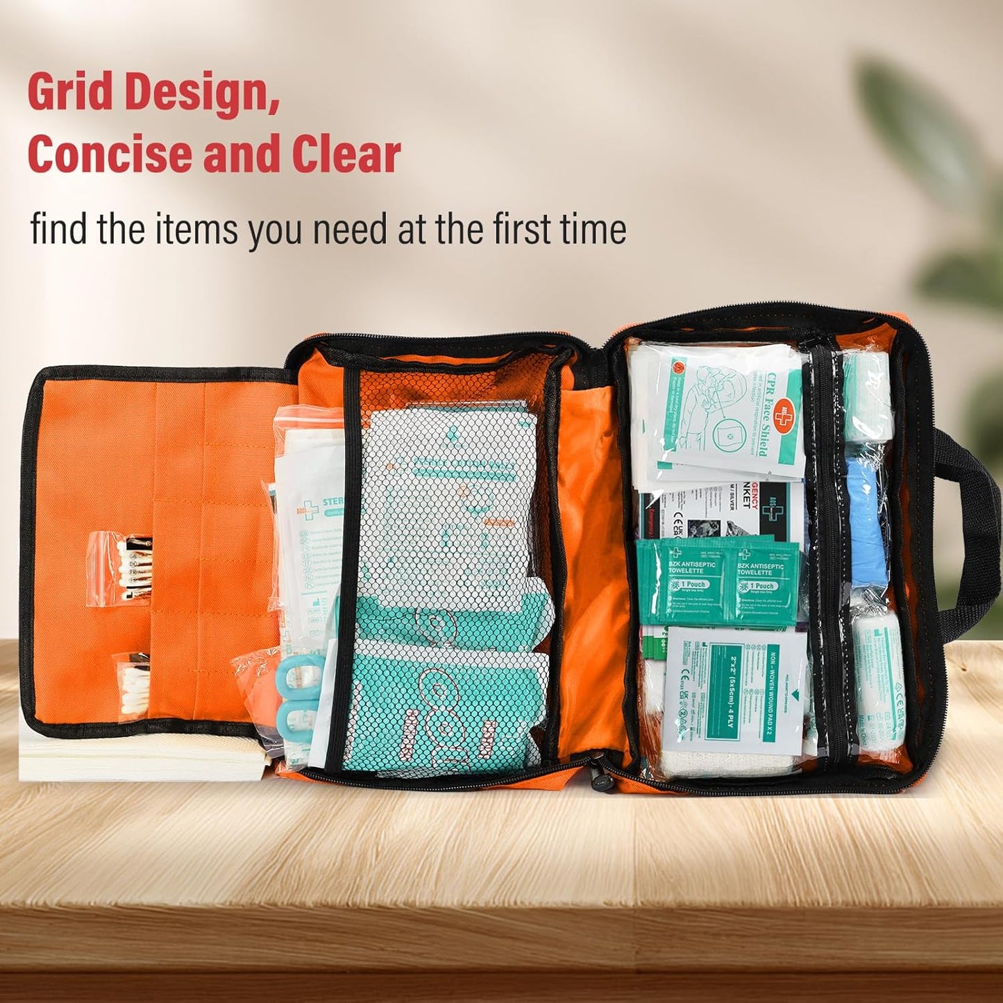 380 Pieces Deluxe First Aid Kit Compact Trauma Medical Kits with Assorted Bandages, Instant Cold Pack, Emergency Blanket for Home, Travel, Camping, Vehicle, Emergency Kits(Orange)