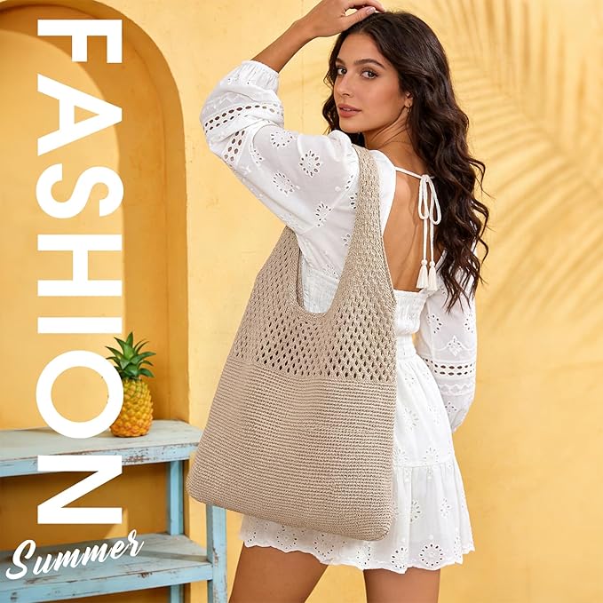 SUOSDEY Crochet Mesh Beach Tote Bag, Knit Summer Vacation Aesthetic Boho Tote Bag for Women