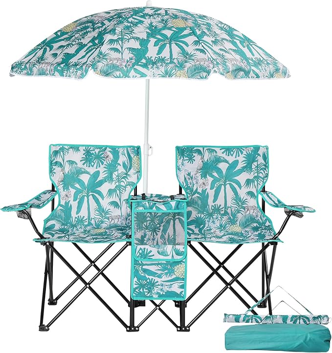 Double Folding Camping Chair W/Umbrella Fold Up Table Beverage Holder Carrying Bag Cooler for Patio Pool Park Outdoor Beach, Picnic, Portable (Pineapple)