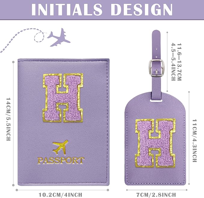 COSHAYSOO Initial Passport Cover Luggage Tag Set Letter Passport Holder Airplane Cruise Travel Essentials Vacation Traveling Accessories Personalized Gifts for Women Teen College Girls Purple H