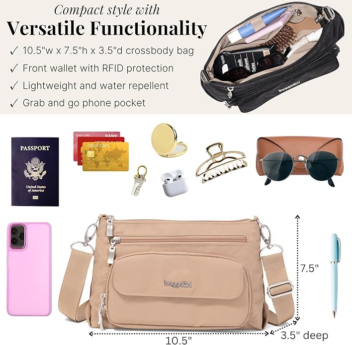 Baggallini Original Everyday 11x7.5 Crossbody Bags Rfid Protected Lightweight Nylon Zippered Travel Purse