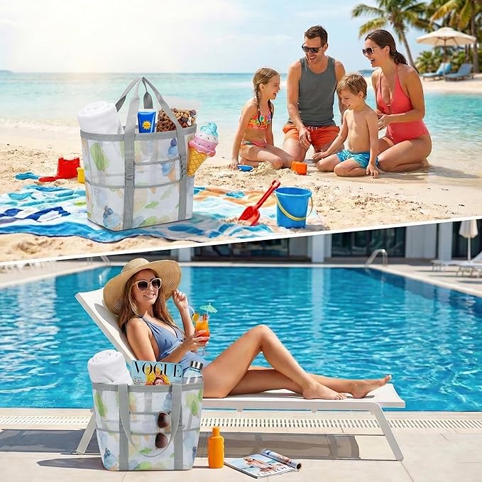 Mesh Beach Bags for Women - Family Beach Tote Bag for Toys, Towels, Travel Vacation Cruise Essentials