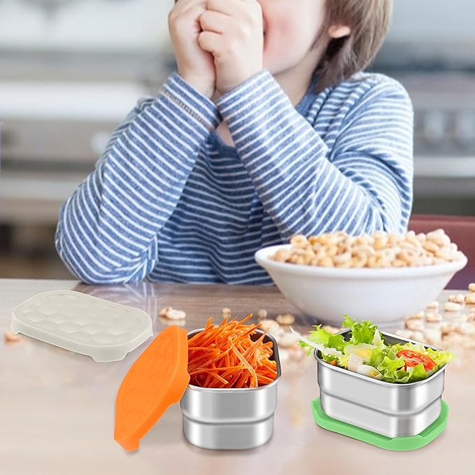 HaWare 8 oz Stainless Steel Snack Containers for Kids, Leak Proof Food Storage Containers with Colorful Silicone Lids, Small Metal Lunch Box for Daycare and School- 3 Packs