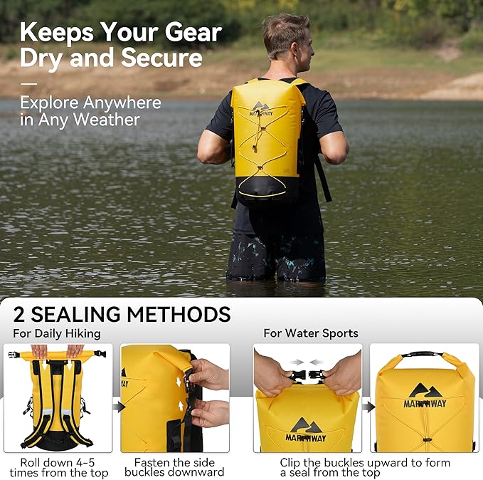 MARCHWAY Floating Roll Top Dry Bag, Flexible Lightweight TPU Waterproof Backpack 20L/30L/40L with Padded Straps for Boating, Kayaking, Swimming, Hiking, Beach (Yellow, 30L)