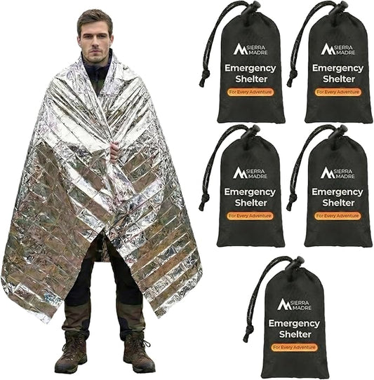 Sierra Madre Emergency Mylar Thermal Space Blanket for Survival – Waterproof Safety Shelter Retains 90% Body Heat – Ultralight & Compact Gear for Camping, First Aid & Prepper Supplies