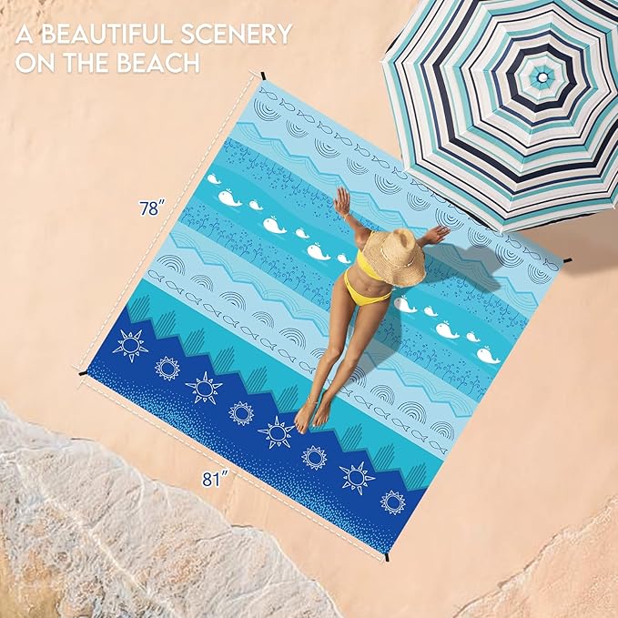 BYDOLL Beach Blanket 78''X81'' Waterproof Sandproof Suits1-4 Adults Oversized Lightweight Large Blanket Picnic Mat for Beach Sand Free Travel Camping Hiking Picnic