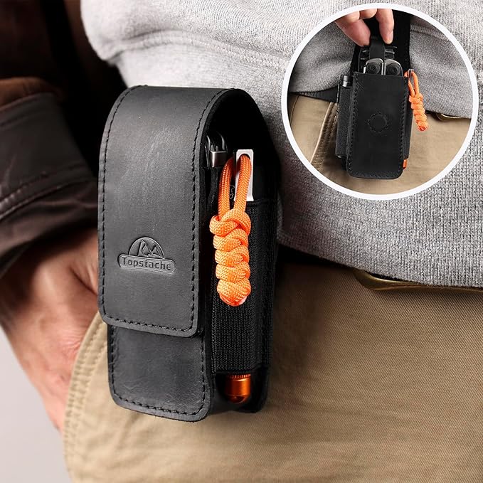 Topstache Multitool Sheath with Belt Clip - EDC Belt Organizer Multi Tool Case - Leather Multitool Holster for Belt - Magnetic Closure Leather Multitool Pouch Fits Folding Tool, Black