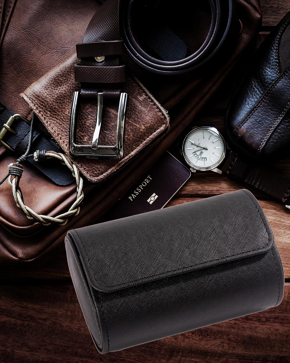 MR.OKAY 2 Watch Travel Case- Classic Leather Watch Case With Superb Texture.Portable Watch Roll Or Organizer For Storage And Display. Travel Gift for Men, All Handcrafted By Leather Craftsmen.