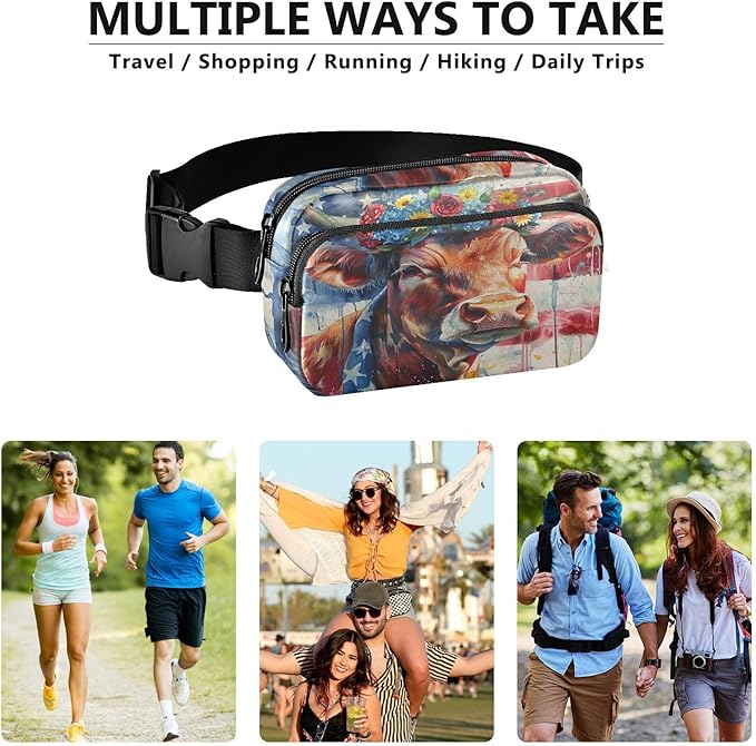 American Flag Cow with Floral Crown Fanny Pack for Women Men Water Resistant Fashion Waist Packs with Adjustable Strap Belt Bag for Travel Workout Jogging Hiking 21220212