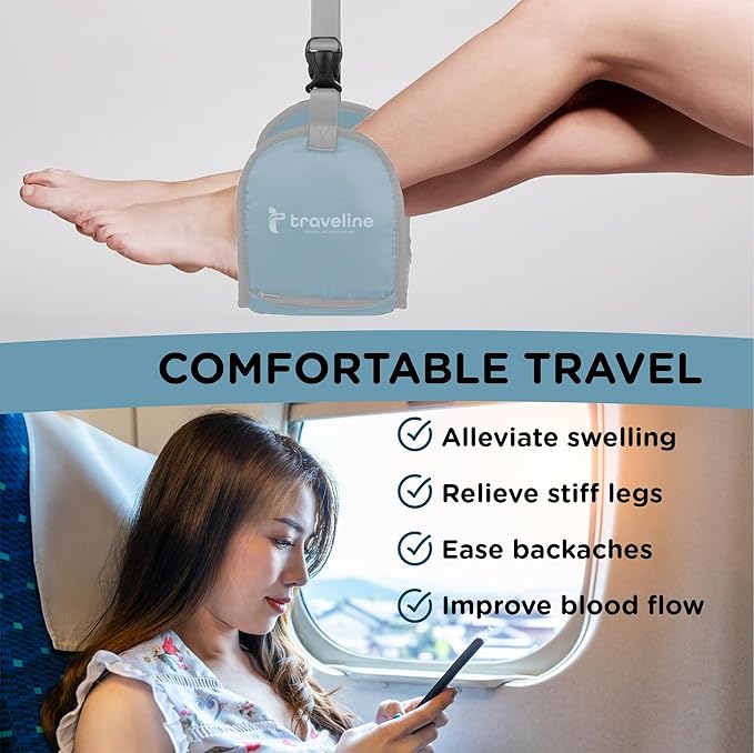Airplane Foot Hammock – Memory Foam Travel Footrest with Rigid Base, Adjustable Strap for Long Flights & Travel Comfort (Blue)