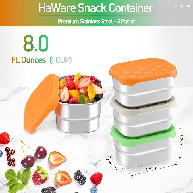 HaWare 8 oz Stainless Steel Snack Containers for Kids, Leak Proof Food Storage Containers with Colorful Silicone Lids, Small Metal Lunch Box for Daycare and School- 3 Packs