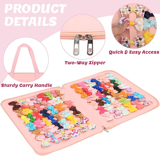 PACMAXI Baby Girl Hair Bow Organizer, Felt Hair Clips Storage Bag, Large Capacity with Handle, Portable Hanging Organizer for Travel & Home (Pink)