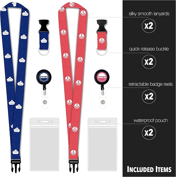Cruise On Cruise Lanyard for Ship Cards – 2-Pack Retractable Badge & Waterproof Key Card Holder for Ship Cards – Cruise Essentials 2026-2027, Perfect for Travel & Vacation (Blue & Red)