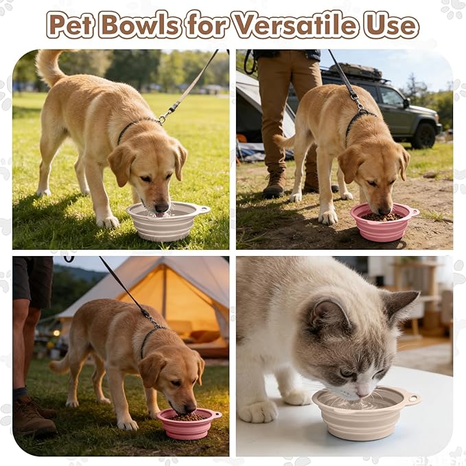 Collapsible Dog Bowls 2 Pack, Silicone Dog Bowl for Small Dogs, Dog Travel Bowl with a Lanyard Hole, Puppy Bowls for Water and Food, Travel Pet Bowls Pink & Light Beige, 11.3oz × 2