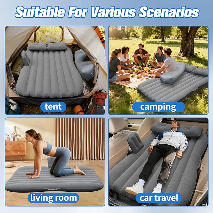 Inflatable Car Air Mattress Back Seat Bed with Air Pump,55 "x 35" Portable Thickened Car Travel Camping Sleeping Air Mattress Blow Up Bed for Car Universal SUV