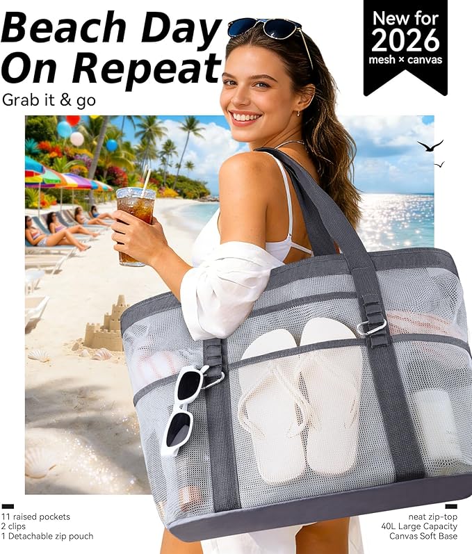 2026 Chic & Spacious XX-Large Beach Bag for Women — Mesh × Canvas Tote with Top Zipper, 11 Pockets, Detachable Pouch | 40L+ Spacious, 11 Tall Pockets, Zipper Pouch, Secure Zip-Top, Sand-Resistant Base