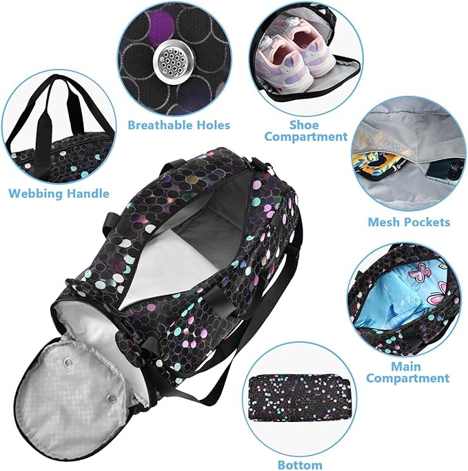Black and Pink Fake Sequins Girl's Gym Duffel Bag with Shoes Compartment Multifunctional Sport Gym Tote Bags for Travel, Sports, Duffel, Weekender