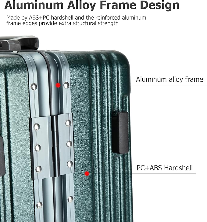 feilario Aluminium Frame PC Hard Shell Spinner Wheels Luggage,22.5"X15"X9.5" Airline Approved Built-In TSA lock Carry on Suitcase, with Cup Holder, USB Port, Phone Holder