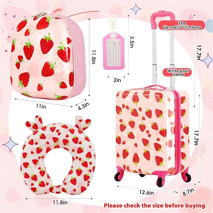 Sanwuta 4 Pcs Kids Luggage Set Rolling Suitcase Backpack U-shaped Pillow Kids Carry On Gift for Summer Travel Family Trip(17 Inch,Strawberry Style,Light Pink)