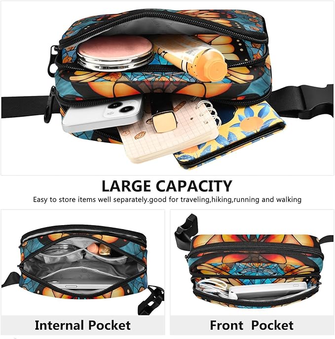 Stained Glass Printed Butterfly Fanny Pack for Women Men Water Resistant Fashion Waist Packs with Adjustable Strap Belt Bag for Travel Workout Jogging Hiking 21219617