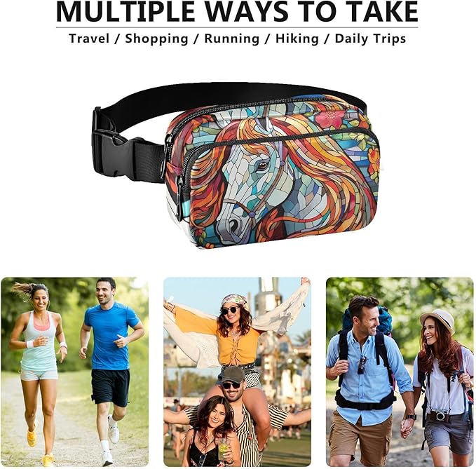 Mosaic Style Colorful Horse Fanny Pack for Women Men Water Resistant Fashion Waist Packs with Adjustable Strap Belt Bag for Travel Workout Jogging Hiking 21219651