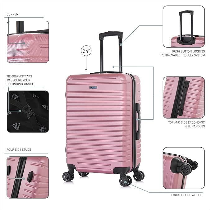 InUSA DEEP Luggage with GEL Handle | Spacious Traveling Suitcases, Travel Suitcase with Dual Spinner Wheels and Studs | 24 Inch Medium Hardside Luggage | Rose Gold