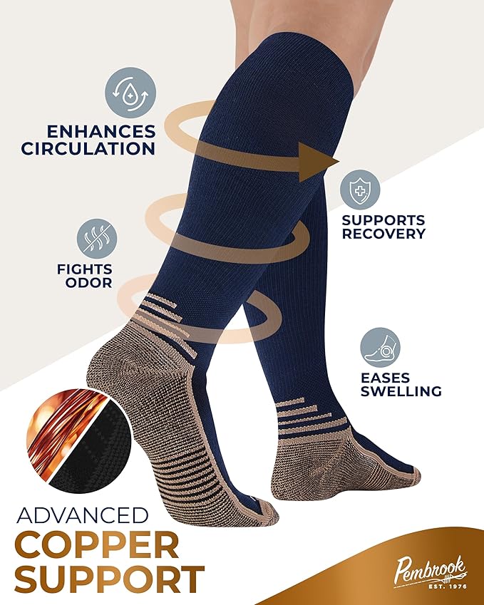 Pembrook 3 Pairs Copper Mens Compression Socks 20-30 mmHg, Running, Hiking, Athletic Cycling, Travel | Circulation Support