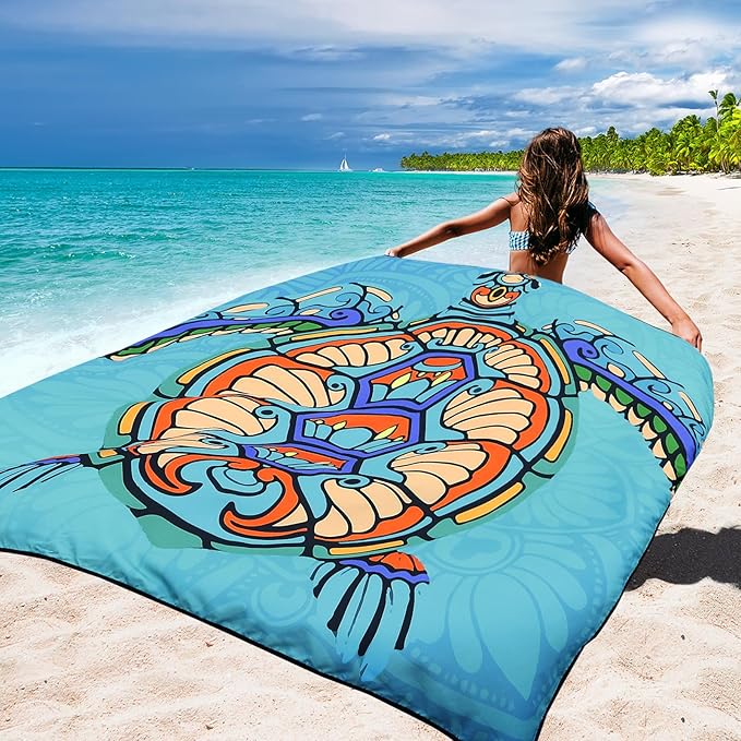 Beach Blanket Waterproof Sandproof Beach Mat 79”x 83” for 1-8 Adults Quick Drying Durable Outdoor Picnic Mat for Beach Festival Travel Camping Hiking (Mandarin Seaturtle, 79"×83"(4 Person))