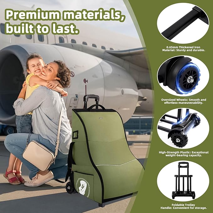 Car Seat Travel Bag with Wheels for Airplane, Waterproof Padded Car Seat Carrier Backpack for Airport, Fits Infant & Convertible Seats，Green