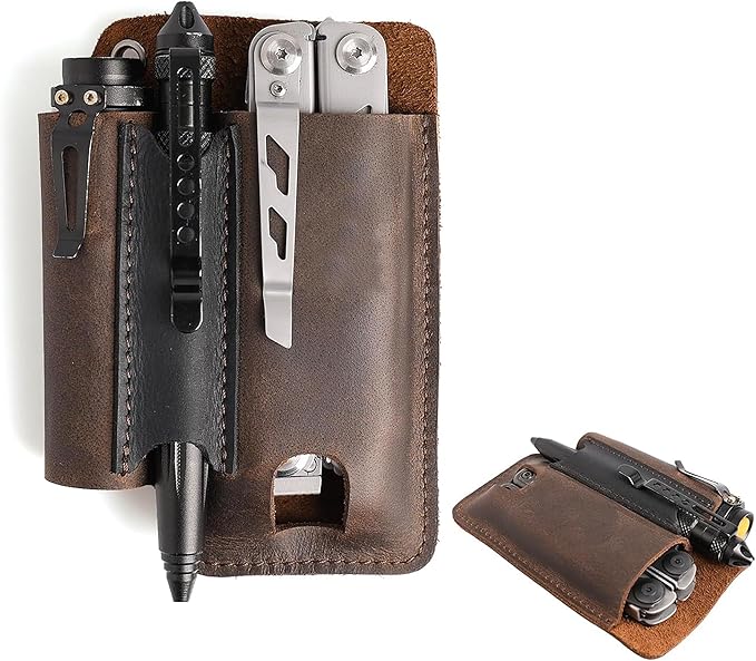Leather Multitool Sheath with Belt Clip - Multitool Holster for Belt - EDC Belt Organizer Fits, Flashlight, Pen - Leather Pouch - Holder
