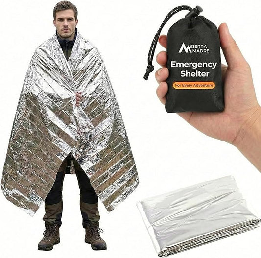 Sierra Madre Emergency Mylar Thermal Space Blanket for Survival – Waterproof Safety Shelter Retains 90% Body Heat – Ultralight & Compact Gear for Camping, First Aid & Prepper Supplies