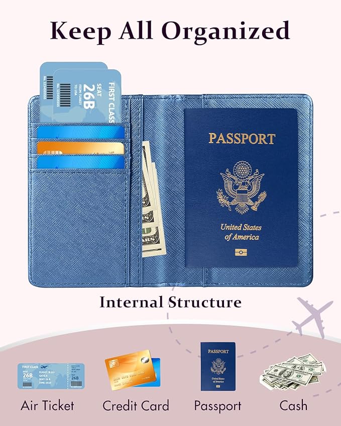 Slohif Passport Holder Initial Lugguage Tag Set Suitcase Cover Wallet Case for Travel Women - Leather Letter Passport Book Personalized Organizer Card Protector Sleeve Essentials Slim Carrier Blue A
