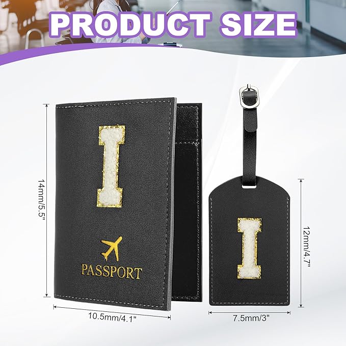 PATIKIL Passport Holder for Travel, Initial Passport Cover and Luggage Tag Set with Alphabet Chenille Letter Patch Travel Wallet Bag Suitcase Identifier for Women Family Travel Black I