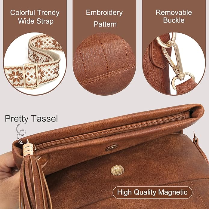 Women's Leather Crossbody Bags Anti Theft Purses RFID Blocking Handbags Trendy Travel Adjustable Strap Tassel