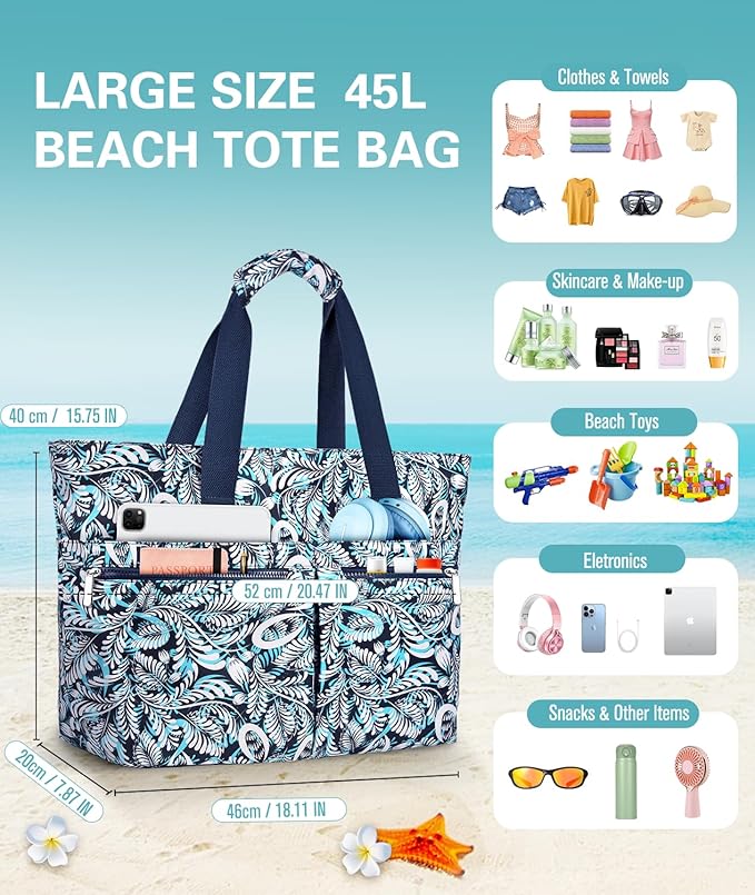 HUANLANG Large Beach Bags for Women Pool Bag with Zipper, Waterproof Sandproof Beach Tote Travel Bag with Wet Pocket | Waterproof, Large capacity, Dry/wet separation, Durable fabric, Cooling function, sandproof