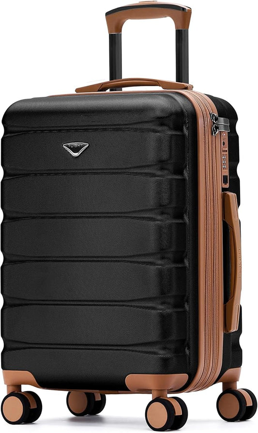 Flight Knight 22x14x9 Expandable Carry On Suitcase Hardside TSA Lock USB C Port Lightweight Luggage Silent Double Spinner Wheels Maximum Overhead Carry-On Bag American United Approved Black/Tan