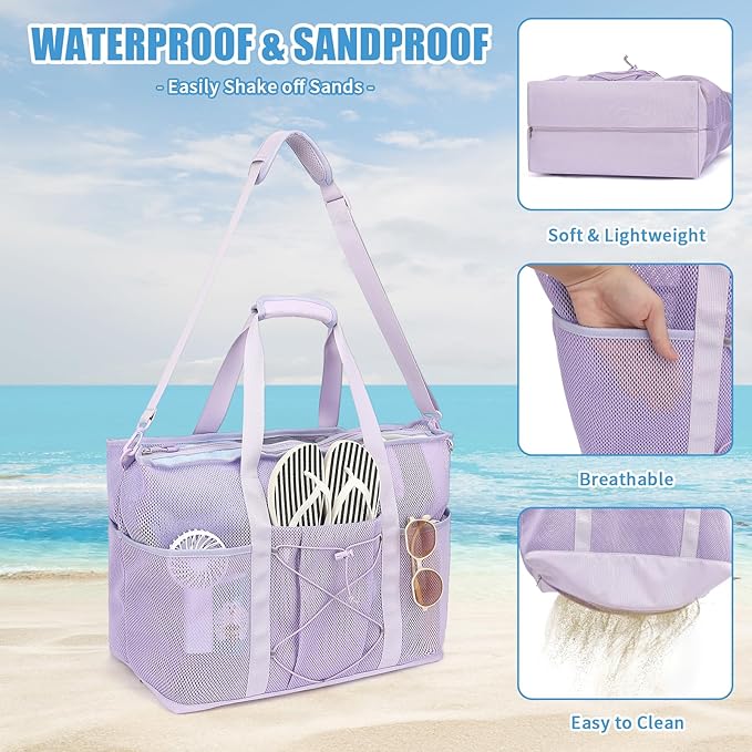 Mesh Beach Bag, Foldable Extra Large Beach Bags with Zipper Pool Bag with Portable Phone Pouch for Vacation Pool