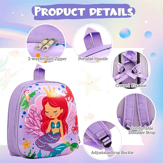 Sanwuta 4 Pcs Kids Luggage Set Rolling Suitcase Backpack U-shaped Pillow Kids Carry On Gift for Summer Travel Family Trip(20 Inch,Mermaid Style,Purple)