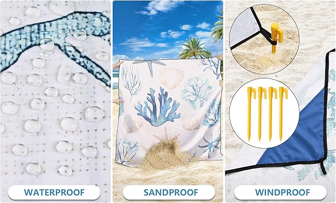Beach Blanket Waterproof Sandproof Beach Mat 79" X 83"/10'x9'for 2-8 Adults Quick Drying Outdoor Picnic Mat Beach Accessories for Travel, Camping, Hiking