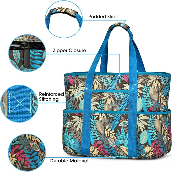 Becokan Beach Bags for Women Large Beach Tote Bag with Zipper Pockets Beach Bag Waterproof Sandproof Travel Nurse Tote Bag