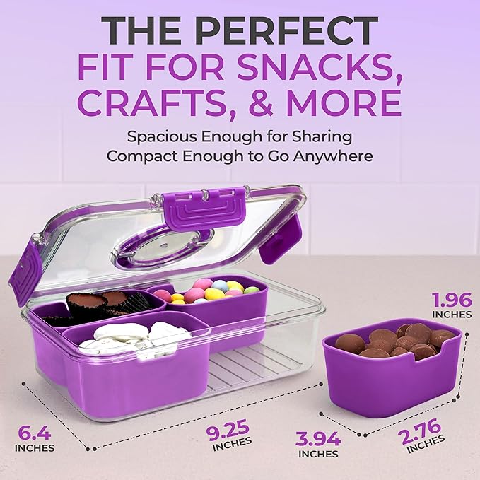 Snackle Box Container with Lid- Travel Charcuterie Box with Handle - Organizer for Candy, Fruit, Nuts, Veggies, Snacks, Beach Essentials, Portable Lunch Box (Purple, Small)