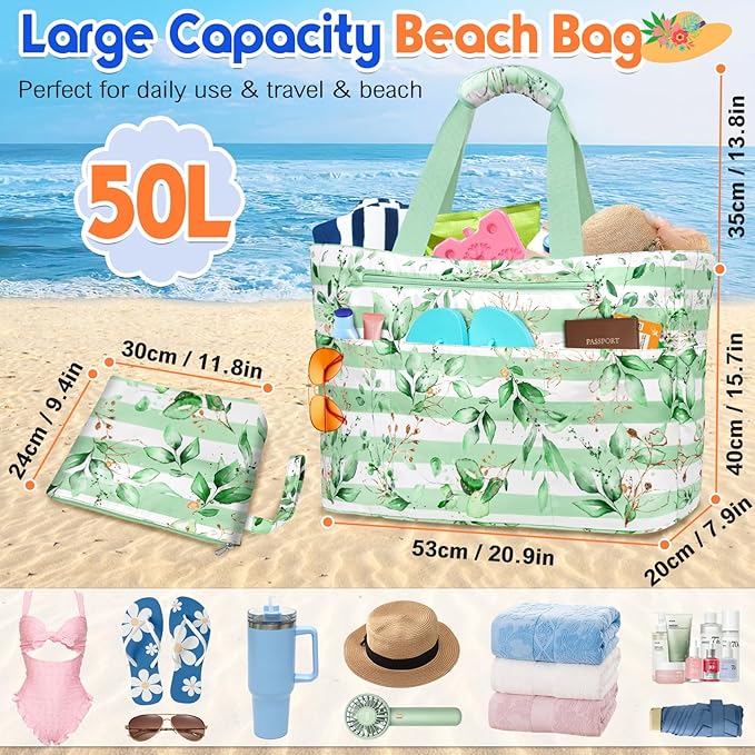 BKNOOU Extra Large Beach Bags Waterproof Sandproof XL Beach Tote Bag for Women Zipper Foldable Swim Pool Bag with Wet Pocket