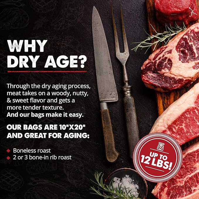 UMAi Dry Aging Bag for Steaks, Pack of 3, Dry Age Bags for Meat, Boneless or Bone-In Rib Roast Cuts up to 8-10 lbs, Home Steak Ager Bags, No Vacuum Sealer Required, Tender Aged Beef in 28-45 Days