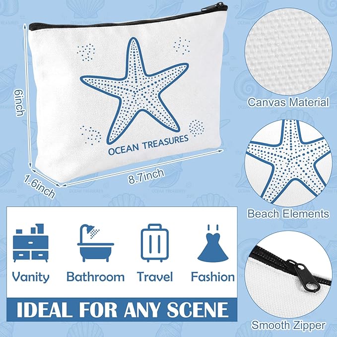 4 Pack Coastal Cosmetic Bags Beach Themed Gifts Starfish Seashell Conch Coral Makeup Pouches Zippered Travel Toiletry Bags for Women Beach Summer Trip Organizer Set(Simple)