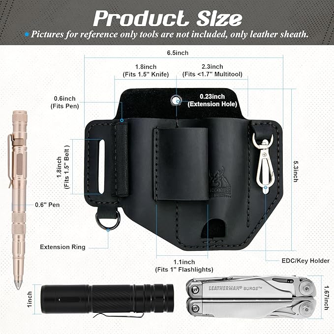 FLYHOMES Premium Full-Grain Genuine Cowhide Leather Multitool Sheath | Handmade Stitched Belt Organizer for Leatherman, Flashlight, Pen & EDC Tools | Multi-Tool Holster Pouch with Keychain Clip