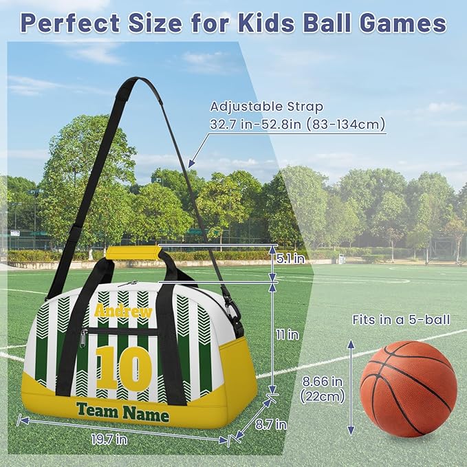 Basketball Soccer Gifts for Boys Girls - Custom Sports Duffle Bag, Personalized Name & Team Bag, Water-Resistant Gym Bag for Basketball, Soccer, Volleyball | Y-Green Yellow