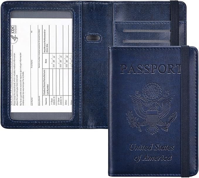 HerriaT Passport and Vaccine Card Holder Combo,Cover Case with CDC Vaccination Card Slot, Leather Travel Documents Organizer Protector, with RFID Blocking, for Women and Men
