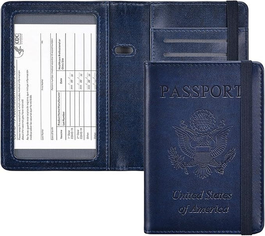 HerriaT Passport and Vaccine Card Holder Combo,Cover Case with CDC Vaccination Card Slot, Leather Travel Documents Organizer Protector, with RFID Blocking, for Women and Men