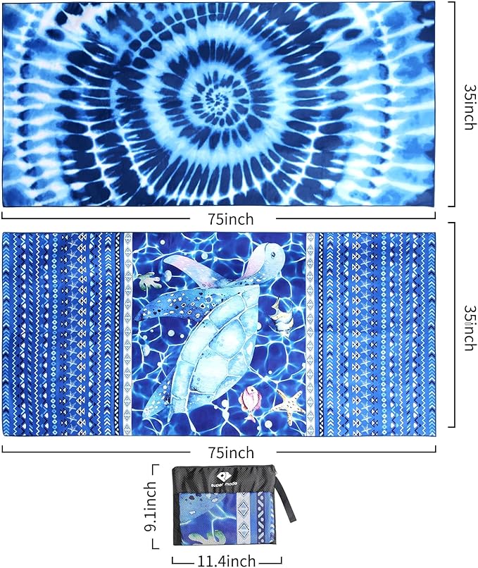 2 Pack Microfiber Beach Towel: Blue and Blue Oversized Pool Towel 75”x 35”, Sand-Free Quick Drying Camping Super Absorbent Bath Blanket, Soft Breathable and Lightweight for Kids & Adults
